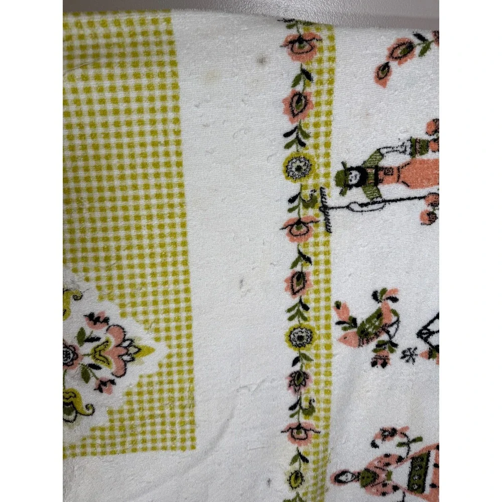 VTG Dutch Folk Art Terry Cloth Tablecloth Pink Green Gingham Farmer Rooster 70s